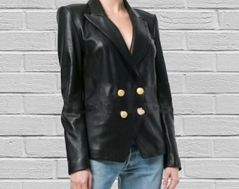 Black Real Leather Blazer for Women | Vintage Style Tailored Jacket | Fall Fashion Coat
