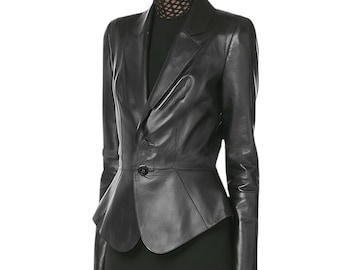 Black Real Leather Blazer for Women | Vintage Style Tailored Jacket | Fall Fashion Coat