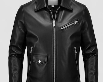 Herren schwarze Lederjacke Vintage Style Reißverschluss Mantel