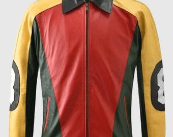 Chaqueta bomber de cuero con bloques de color vintage: ropa de abrigo retro con patchwork