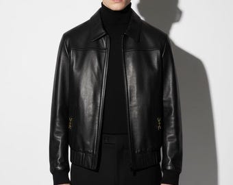 Herren schwarze Lederjacke Vintage Style Reißverschluss Mantel