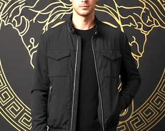 Versace collection bomber jacket authentic leather and polyester made in italy men winter jacket quilted lining size M 48 to 50it men