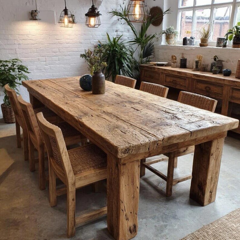 Op de afbeelding: Een grote, rechthoekige houten eettafel met een rustieke, verweerde uitstraling. De tafel wordt ondersteund door dikke, vierkante poten en is omringd door stoelen met geweven rugleuningen. Het oppervlak van de tafel vertoont zichtbare houtnerf en knopen, wat wijst op gerecycled hout. De kamer is gedecoreerd met planten en hanglampen.