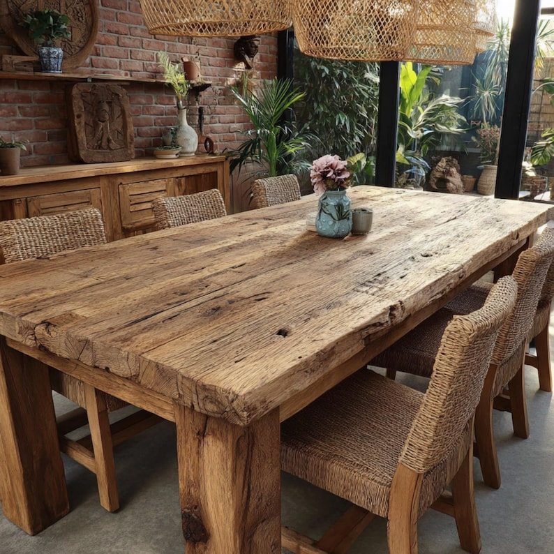 May include: A large, rustic wooden dining table with a natural finish. The table is surrounded by woven-back chairs. Overhead, woven pendant lights hang from the ceiling. The setting is in a room with a brick wall and large windows.