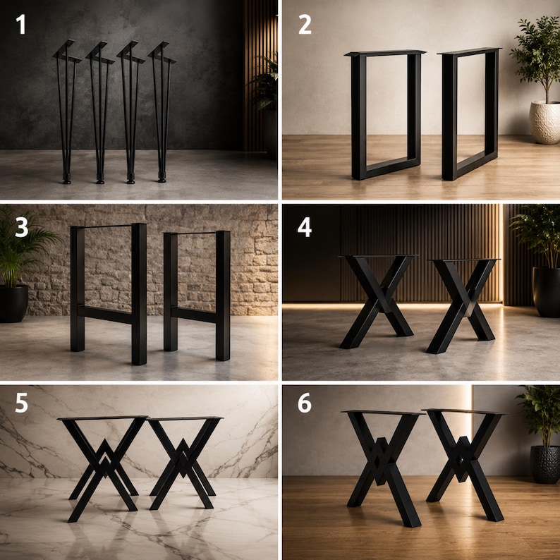 May include: Six images displaying black metal table legs in different styles. The designs include hairpin legs, square frame legs, and X-shaped legs, ideal for DIY furniture. Each set is shown against a neutral backdrop.