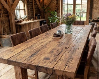 Handmade Solid Oak Live Edge Dining Table, Rustic Farmhouse Kitchen Furniture