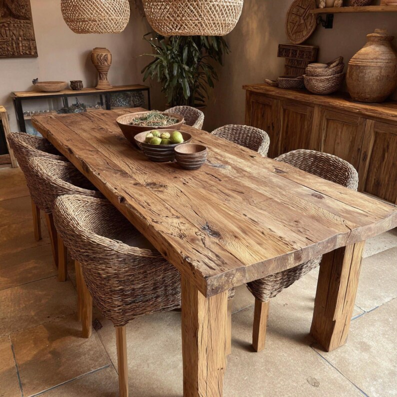 May include: A large, rectangular wooden dining table with a natural finish, accompanied by woven wicker chairs. The table has thick, sturdy legs. Bowls and plates are on the table. Woven pendant lights hang above the table, creating a warm atmosphere. The table is approximately 240 cm long.