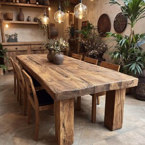 May include: A substantial, reclaimed wooden dining table with a thick, rectangular top and solid, block-style legs. Several wooden chairs with dark seats surround the table. The room is decorated with plants, vases, and hanging globe lights, creating a warm, inviting atmosphere.