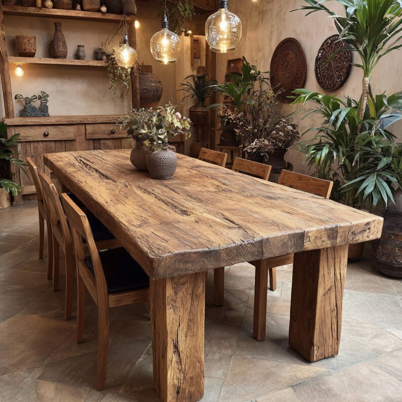 May include: A substantial, reclaimed wooden dining table with a thick, rectangular top and solid, block-style legs. Several wooden chairs with dark seats surround the table. The room is decorated with plants, vases, and hanging globe lights, creating a warm, inviting atmosphere.