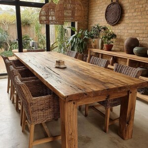 May include: A large, reclaimed wooden dining table with woven wicker chairs. The table is the focal point of a dining room with a brick wall, plants, and decorative lighting. The table is approximately 300 cm long.