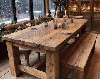 Solid Oak Live Edge Dining Table, Rustic Farmhouse Furniture, Custom Handmade Wood