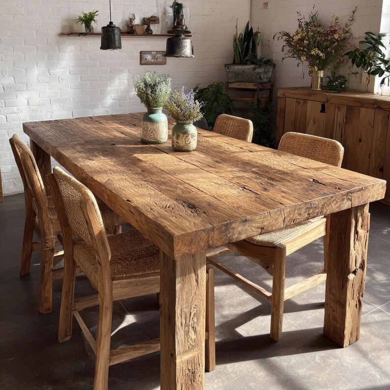 Op de afbeelding: Een rechthoekige houten eettafel met een natuurlijke afwerking en dikke poten. Stoelen met geweven rugleuningen omringen de tafel. Twee vazen met gedroogde bloemen staan op de tafel. De kamer heeft een warme, uitnodigende sfeer.