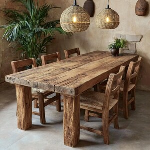 May include: A large, rustic wooden dining table with six chairs. The table has a thick, weathered wooden top and textured legs. The chairs are made of wood with woven seats. Two woven pendant lights hang above the table. The table is approximately 240 cm long.