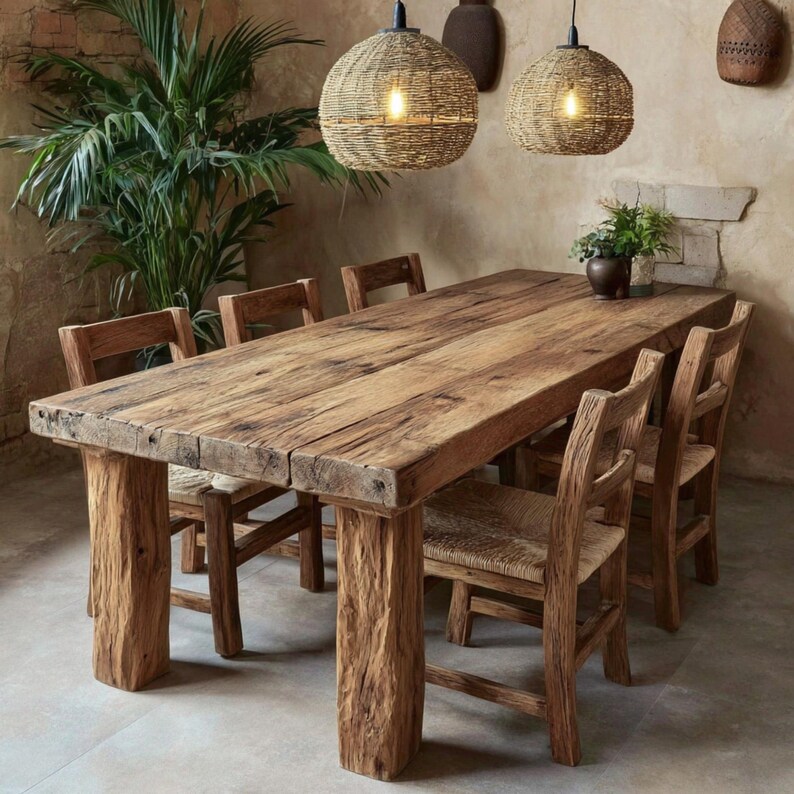 May include: A large, rustic wooden dining table with six chairs. The table has a thick, weathered wooden top and textured legs. The chairs are made of wood with woven seats. Two woven pendant lights hang above the table. The table is approximately 240 cm long.