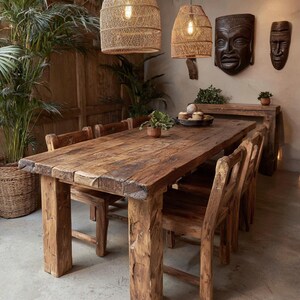 May include: A reclaimed wood dining table and chairs set. The table has a natural finish and is surrounded by matching wooden chairs. Woven pendant lights hang above. Wooden masks decorate the wall.
