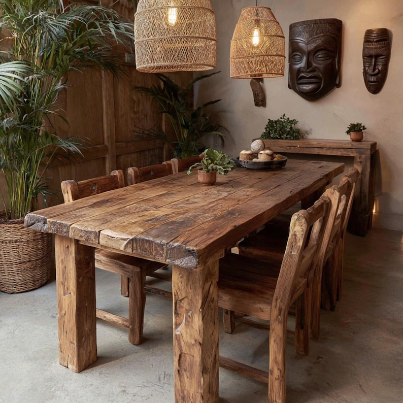 May include: A reclaimed wood dining table and chairs set. The table has a natural finish and is surrounded by matching wooden chairs. Woven pendant lights hang above. Wooden masks decorate the wall.