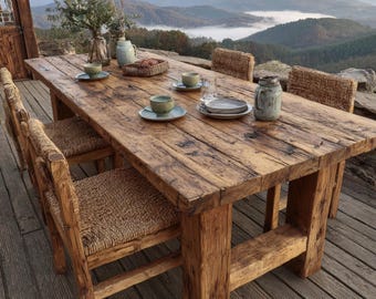Handmade Solid Oak Live Edge Dining Table, Rustic Farmhouse Kitchen Furniture