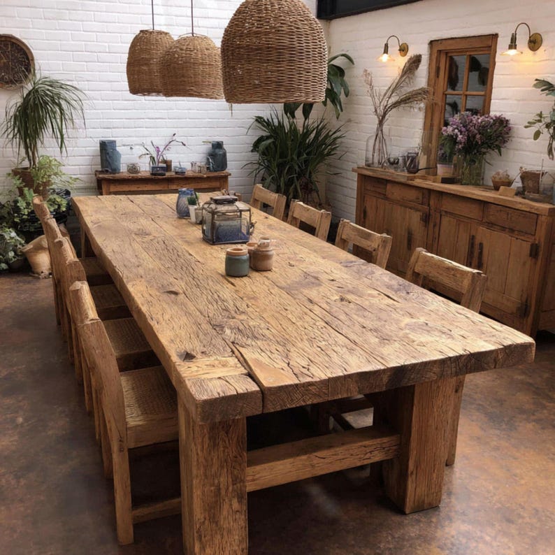 Op de afbeelding: Een grote, rustieke houten eettafel met bijpassende stoelen. De tafel is gemaakt van gerecycled hout en heeft een natuurlijke afwerking. Geweven hanglampen hangen boven de tafel. De kamer heeft een warme, uitnodigende sfeer.