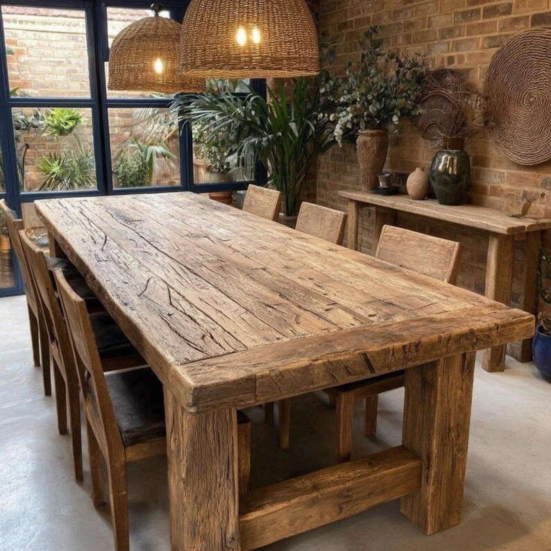 May include: A substantial, reclaimed wood dining table with a weathered appearance, accompanied by wooden chairs. The table is the centrepiece of a dining area, set against a brick wall and natural light from a large window.