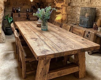Handmade Solid Oak Live Edge Dining Table, Rustic Farmhouse Furniture