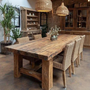 May include: A large, reclaimed wooden dining table with a natural finish. Woven wicker chairs surround the table. Two woven pendant lights hang above. The room has a warm atmosphere, with a brick wall in the background. The table is approximately 240 cm long.