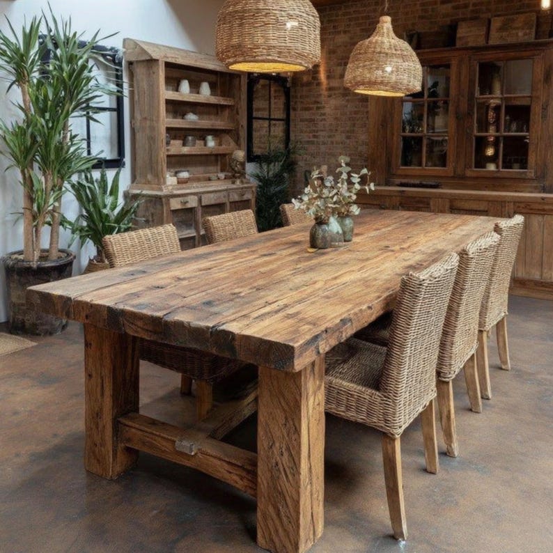 May include: A large, reclaimed wooden dining table with a natural finish. Woven wicker chairs surround the table. Two woven pendant lights hang above. The room has a warm atmosphere, with a brick wall in the background. The table is approximately 240 cm long.