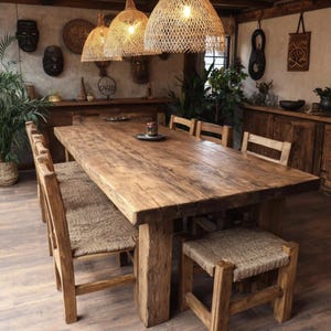 May include: A dining room with a large, reclaimed wooden table and matching chairs and stools. Woven lampshades hang above the table, and decorative masks are on the walls. The room has a warm, inviting atmosphere, with a natural aesthetic.