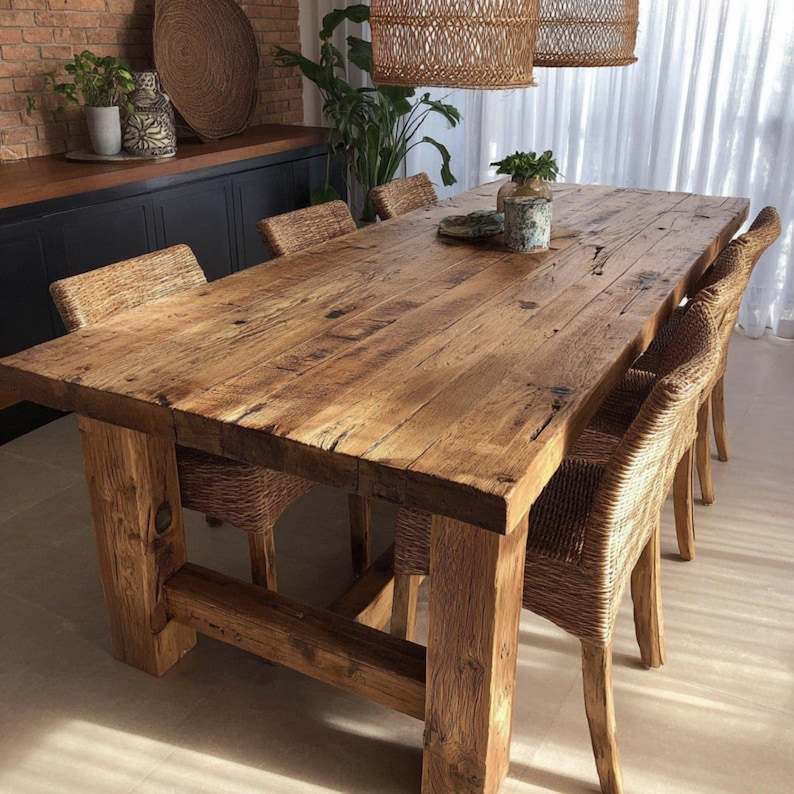 May include: A large, rustic wooden dining table with a natural finish. The table is supported by thick, square legs and is surrounded by woven wicker chairs. The table is approximately 244 cm long and 102 cm wide, perfect for a dining room.
