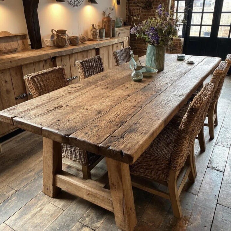 Op de afbeelding: Een rustieke houten eettafel met een verweerde afwerking, ondersteund door dikke, stevige poten. Geweven rieten stoelen omringen de tafel. Een vaas met bloemen en andere decoratieve items staan op de tafel. De tafel is ongeveer 244 cm lang.