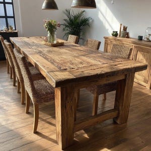 Op de afbeelding: Een grote, rustieke houten eettafel met een verweerde afwerking. De rechthoekige tafel wordt ondersteund door dikke, vierkante poten. Geweven rieten stoelen omringen de tafel. De kamer wordt verlicht door natuurlijk licht en hanglampen.