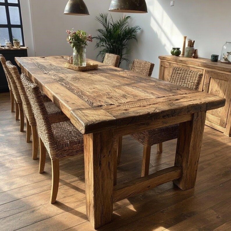 Op de afbeelding: Een grote, rustieke houten eettafel met een verweerde afwerking. De rechthoekige tafel wordt ondersteund door dikke, vierkante poten. Geweven rieten stoelen omringen de tafel. De kamer wordt verlicht door natuurlijk licht en hanglampen.