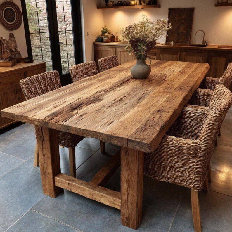 May include: A substantial, rectangular wooden dining table with a natural finish. The table is supported by thick, sturdy legs. Woven wicker chairs surround the table. A vase of dried flowers sits on the table's surface, creating a rustic dining space.
