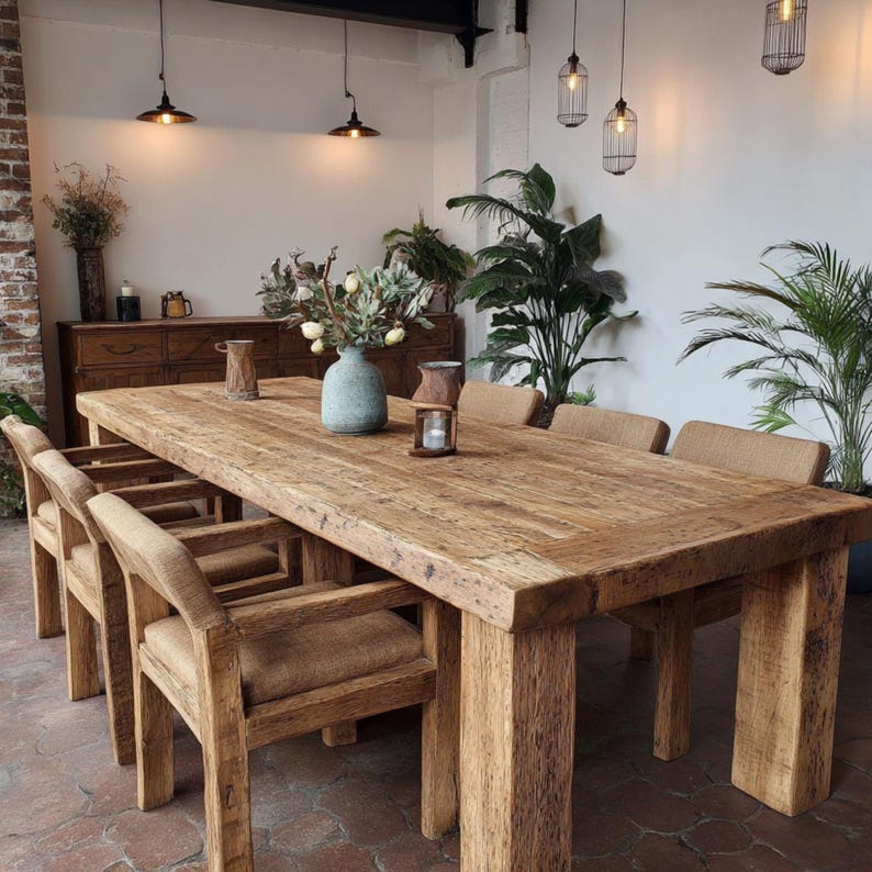 Op de afbeelding: Een grote, rechthoekige houten eettafel met bijpassende stoelen. De tafel is gemaakt van gerecycled hout en heeft een natuurlijke, verweerde afwerking. De stoelen hebben gestoffeerde zittingen. De kamer is ingericht met planten en hanglampen.