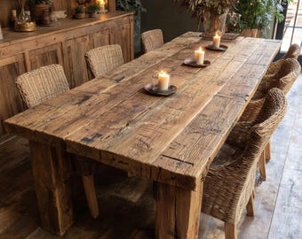 Solid Oak Live Edge Dining Table, Rustic Farmhouse Kitchen Furniture