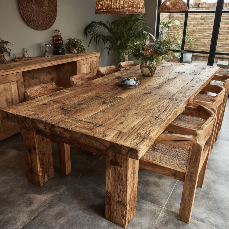 May include: A large, reclaimed wooden dining table with a rectangular top and chunky legs. Matching wooden chairs with woven seats are arranged around the table. The wood has a natural, aged look. A sideboard and decorative items are in the background.