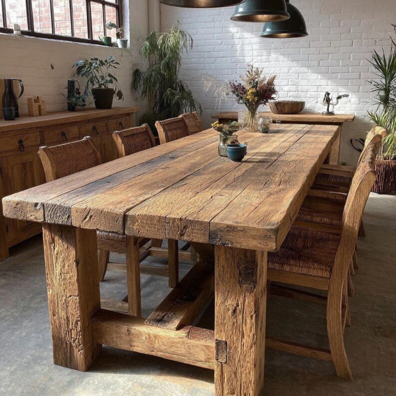 Op de afbeelding: Een grote, rustieke houten eettafel met een natuurlijke afwerking. De tafel wordt ondersteund door dikke, vierkante poten en heeft een blad van planken. Stoelen met gevlochten rugleuningen omringen de tafel. De kamer heeft een bakstenen muur en grote ramen.