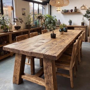 Op de afbeelding: Een grote, rustieke houten eettafel met een verweerde uitstraling. De tafel wordt ondersteund door dikke, schuine poten en omringd door bijpassende houten stoelen. De kamer is gevuld met planten en natuurlijk licht, wat een warme en uitnodigende sfeer cre&euml;ert.