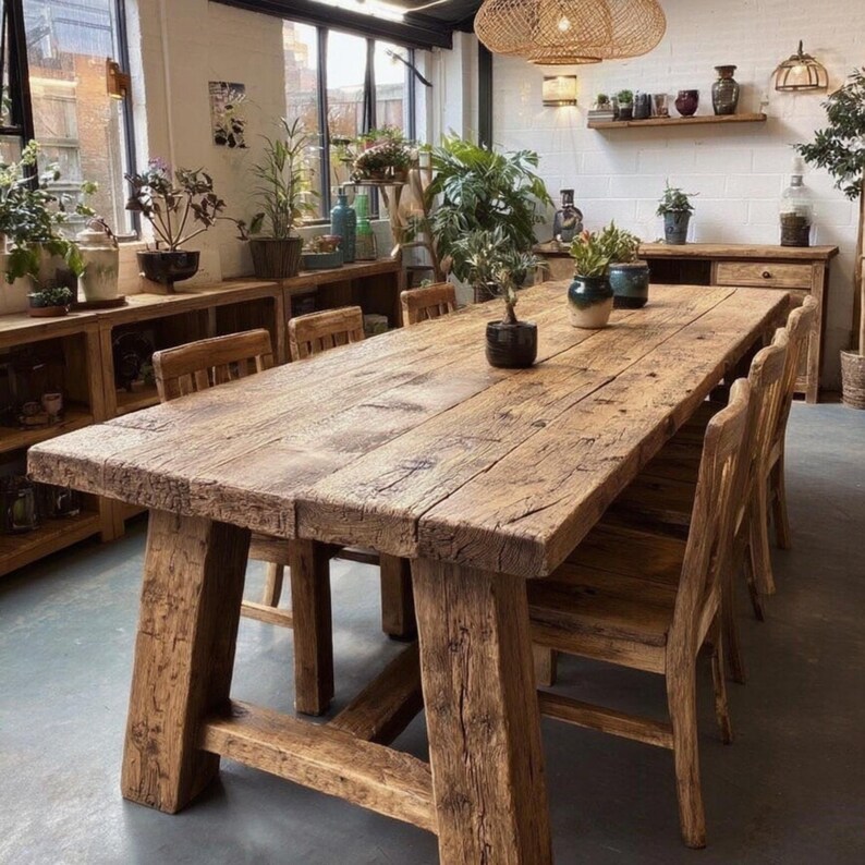 Op de afbeelding: Een grote, rustieke houten eettafel met een verweerde uitstraling. De tafel wordt ondersteund door dikke, schuine poten en omringd door bijpassende houten stoelen. De kamer is gevuld met planten en natuurlijk licht, wat een warme en uitnodigende sfeer cre&euml;ert.
