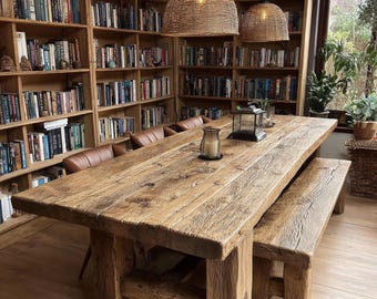 Custom Live Edge Oak Dining Table, Handmade Solid Wood Farmhouse Furniture