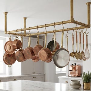 Portapentole da soffitto in ottone massiccio, appendiabiti in ottone non laccato, cucina classica di lusso, barra porta pentole sospesa, ottone lavorato a mano in stile marocchino