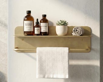 Badezimmerregal aus gebürstetem Messing mit Handtuchhalter, moderner, goldener Wandorganizer, luxuriöses, minimalistisches Wandregal, handgefertigt in Marokko