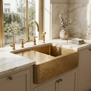 Handmade Moroccan Hammered Brass Kitchen Sink - Workstation Farmhouse Apron Front Basin with Drainer Insert, Luxury Gold Under-mount