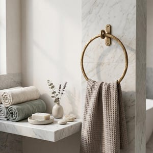 May include: A circular brass towel ring mounted on a marble wall, holding a beige waffle-weave towel. Nearby, a stack of four rolled towels in cream and sage green sits on a marble ledge next to a small ceramic vase with dried stems and soap.
