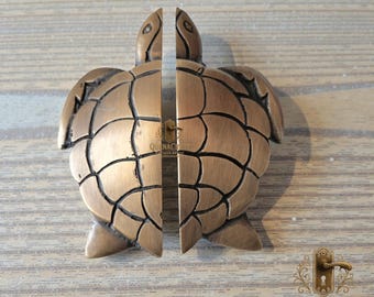 Pair of Turtle Solid Brass Kitchen Cabinet Pulls, Heavy Brass Box Door Handles, Unique Turtle Style Hardware