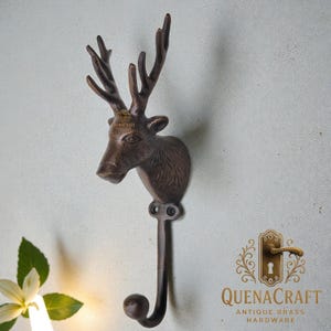 Antique Brass Deer Head Wall Hooks, Vintage Solid Brass Coat & Hat Hangers, Heavy Duty Wall Mount