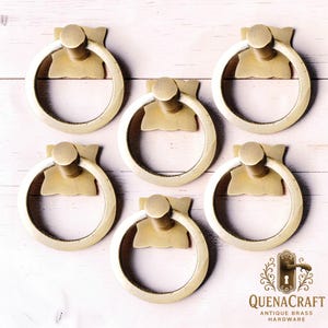 Set of 6 Vintage Brass Ring Pulls, Round Antique Drawer Knobs, Solid Brass Cabinet Hardware P.008
