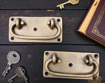 Pair 4" Vintage Solid Brass Box Handles, Chest Furniture Handles, Antique Style Hardware A.067