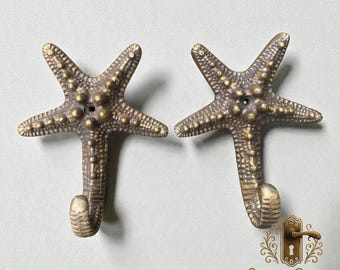 Ganci da parete in ottone massiccio a forma di stella marina, 3,54", ganci per cappotti vintage in stile costiero, ganci per cappelli nautici, decorazioni da parete per case sulla spiaggia