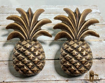 2X Pineapple Knobs 2.3/8” (6cm) – Solid Brass Vintage Drawer Pull Handles, Kitchen Cabinet Hardware, Unique Cabinet Knobs