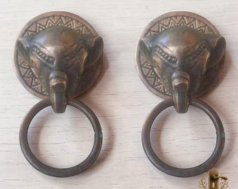2X Vintage Antique Solid Brass Elephant Cabinet Door Knobs, Round Drawer Pull Handles